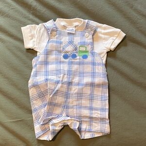 Florence Eiseman Plaid Baby Overalls and T-shirt with Tractor Patch